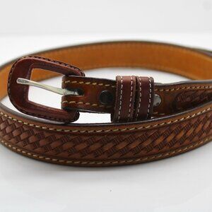Vintage 1980's Women's 1" Basket Weave Tooled Leather Belt And Buckle Cowgirl 28